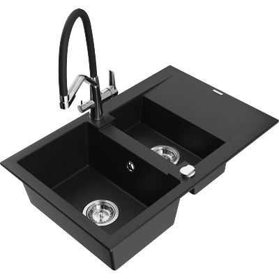 Mexen Gaspar гранитна мивка с 1, 5 камери и отцедник и кухненски смесител Duo, черен - 6507-77-671701-07 (6507-77-671701-07)