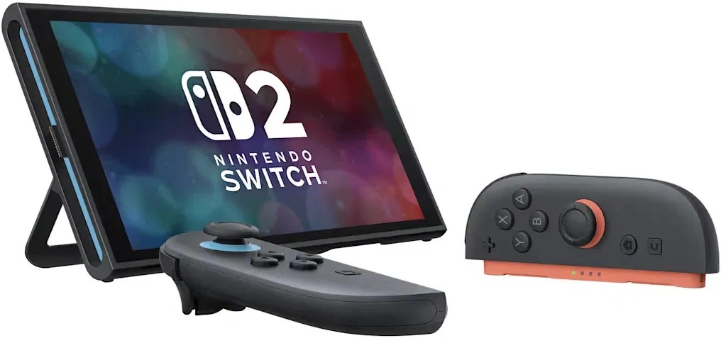 Nintendo Switch 2 s vysunutým stojánkem a odpojenými ovladači Joy-Con 2