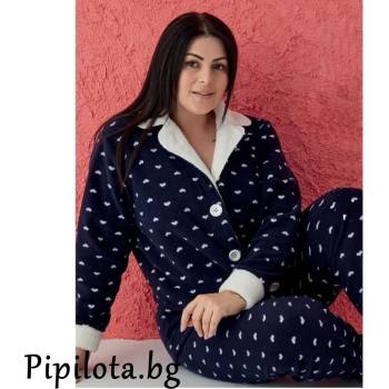 Image 1 of Макси поларена пижама в тъмносиньо със сърца и копчета