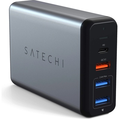 Satechi 75W Multiport Travel Charger - захранване с USB-C изход (60W), QualComm 3.0 изход и 2 x USB изхода за мобилни телефони, таблети и MacBook (сив)