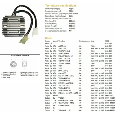 DZE regulátor napětí SUZUKI DL 650 V-STROM 04-09; SV 650 03-08; SV 1000 03-07; VL 800 VOLUSIA 01-02; LT-A QUAD RUNNER 01-02; CAGIVA; ARCTIC CAT (35A) (ESR124)(32800-16G01)
