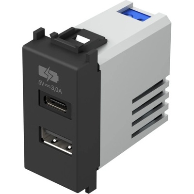 TEM Розетка 2хUSB за зареждане тип A+C 3A 15W 1M, цвят Черен мат, Modul - EM68SB (EM68SB)