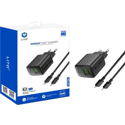 Lito Зарядно - Lito - (LC15L) - с включен Lightning кабел, Type-C, USB изход, PD20W, GaN, PC Fireproof, EU Plug - Черен