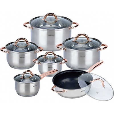 Kinghoff Комплект тенджери и тиган Kinghoff KH 1765, 12 ч, Индукция, Инокс/розово злато