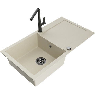 Mexen Leo гранитна мивка с 1 корито с отцедник и кухненски смесител Flora, бежов - 6501-69-670401-70-B (6501-69-670401-70-B)