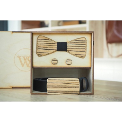 Wood Style Set Hranatý Zebráno opasek motýlek a manžetové knoflíčky černá