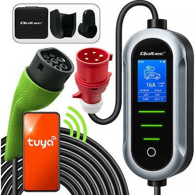 Qoltec EV nabíjačka pre elektromobily s reguláciou 2 v 1 Typ2 22kW 400V Wi-Fi TUYA SMART LIFE LCD Prenosná Wallbox 7m
