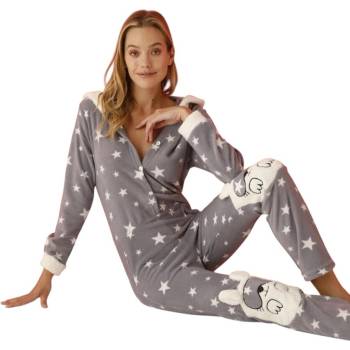 Поларена пижама-гащеризон в сиво със звезди и коте