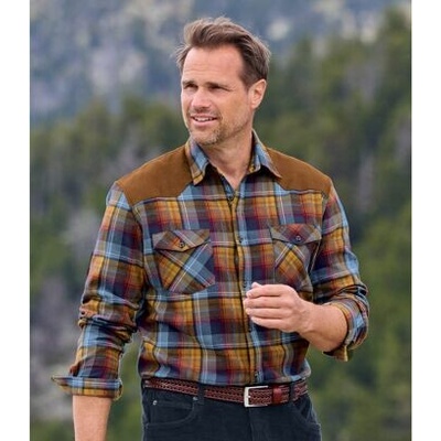 Atlas For Men kockovaná flanelová košeľa so všitými prvkami z imitácie semišu