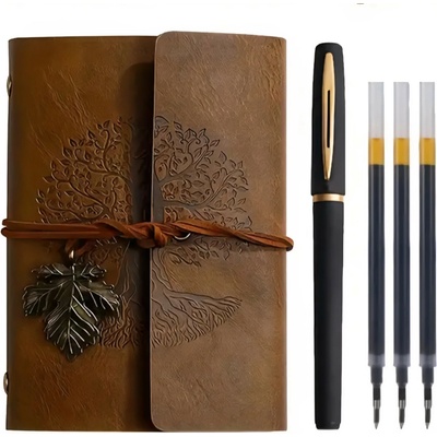 Dárková Sada: Vintage Zápisník Strom Života A6 s Perem Barva: Červená