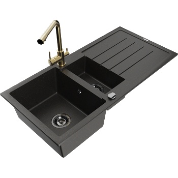 Mexen Andres гранитна мивка 1, 5-коморова със сушилня и кухненски смесител Duero, черен/златен - 6515-75-671600-50-B (6515-75-671600-50-B)