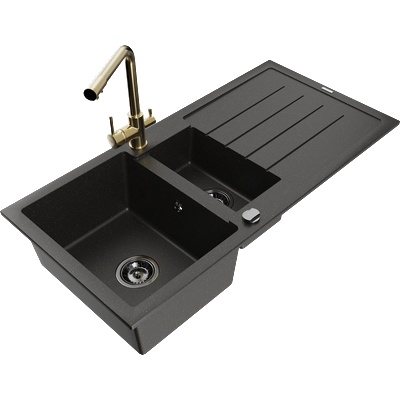 Mexen Andres гранитна мивка 1, 5-коморова със сушилня и кухненски смесител Duero, черен/златен - 6515-75-671600-50-B (6515-75-671600-50-B)