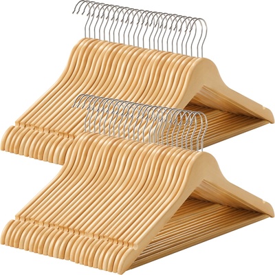 SONGMICS wooden clothes hangers, set of 50, hangers made of solid wood, notches in the shoulder area, non-slip trouser bar, 360° rotating hook, for suits, shirts, natural silver CRW001-50