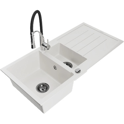 Mexen Andres гранитна мивка 1, 5-коморна с отцедник и кухненски смесител Aster, бял - 6515-20-73450-07-B (6515-20-73450-07-B)