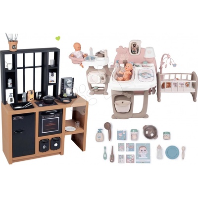 Smoby Set kuchynka moderná Loft Industrial a trojkrídlový domček pre bábiku s nočnou lampičkou