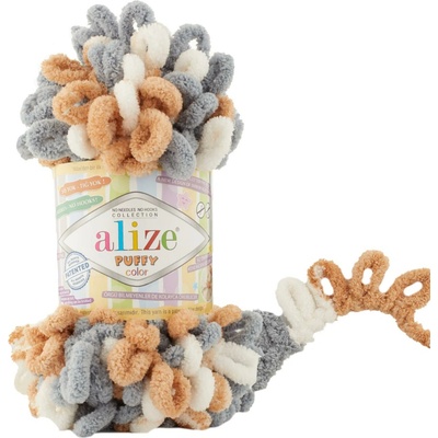 Alize příze Puffy color 6395 bílá, hnědá, šedá