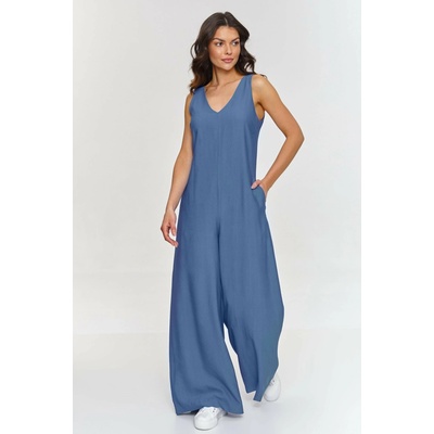 Makadamia elegantný overál s výstrihom do V M882 blue jeans
