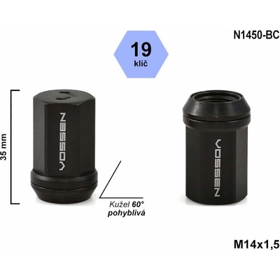 Kolové matice M14x1,5 kužel pohyblivá, klíč 19, Vossen N1450-BC, černé, sada 20 ks