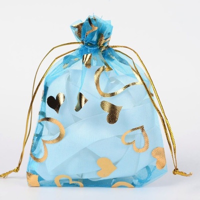 Dárkový pytlíček sv.modrá organza zlaté Srdíčka 12x10cm
