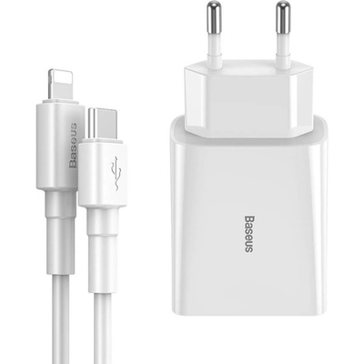 Baseus Speed Mini PD Wall Charger 18W (TZCCFS-X02) - захранване за ел. мрежа с USB-C изход с технология за бързо зареждане и USB-C към Lightning кабел (бял)