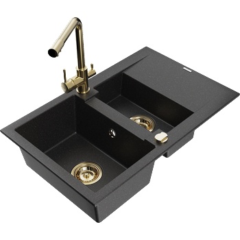 Mexen Gaspar гранитна мивка 1, 5-камерна с отцедник и кухненски смесител Duero, черен/сребрист - 6507-73-671600-50 (6507-73-671600-50)