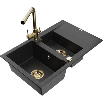 Mexen Gaspar гранитна мивка 1, 5-камерна с отцедник и кухненски смесител Duero, черен/сребрист - 6507-73-671600-50 (6507-73-671600-50)