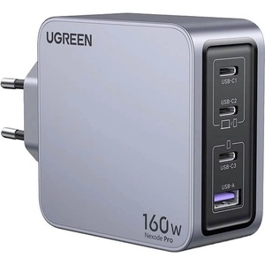 UGREEN Захранване за ел. мрежа за лаптопи, смартфони и таблети с USB-A и 3xUSB-C изходи с технология за бързо зареждане - Ugreen Nexode Pro GaN Fast Wall Charger 160W (тъмносив) (25095 (UGR1838))