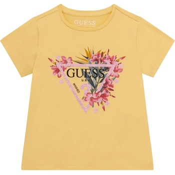 GUESS Тениска в жълто за мини момиче с цветя и розово лого Guess с глитери