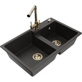 Mexen Tomas гранитна мивка с 2 отделения с кухненски смесител Duero, черно/златист металик - 6516-75-671600-50 (6516-75-671600-50)