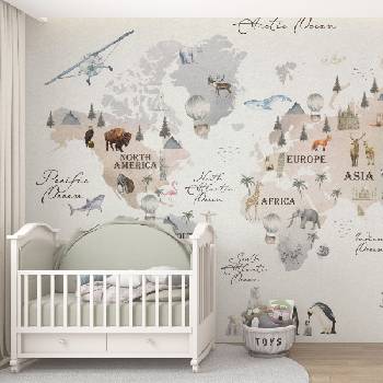 Decono Детски Фототапет Карта на Света в Бежово