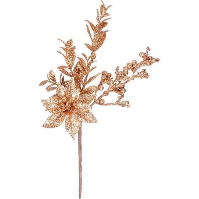 Magic Home Vetvička s kvetom poinsettia a bobuľkami zlatá 24 cm