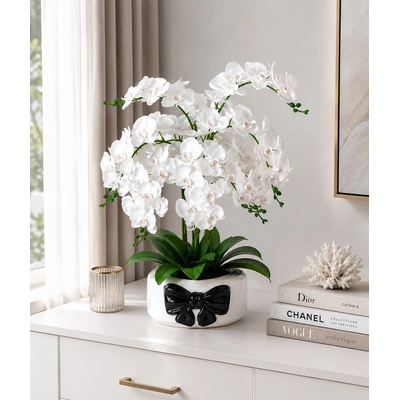 Umelá orchidea biela v bielom črepníku s mašľou 74 cm