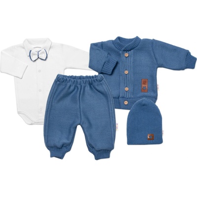 Baby Nellys 5-dielna pletená sada Boy body nohavice sveter čiapočka motýlik modrá
