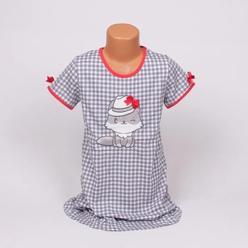 Image 1 of Детска карирана нощница в бяло и сиво с котенце