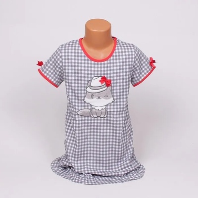 Детска карирана нощница в бяло и сиво с котенце