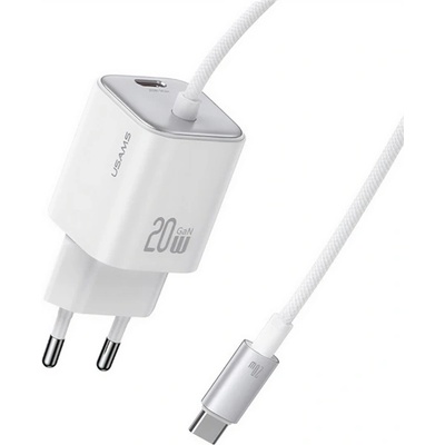 USAMS Зарядно устройство USAMS JC MINI за захранване от мрежата с гнездо Type-C 20W, GaN + фиксиран кабел Type-C, FEHÉR CC261TC02 (CC261TC02)