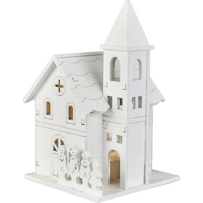 DOMMIO Dřevěný kostelík bílý s LED, 13 × 8 cm