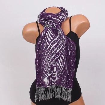 Image 1 of Дамски шал в лилаво с бели орнаменти и ресни