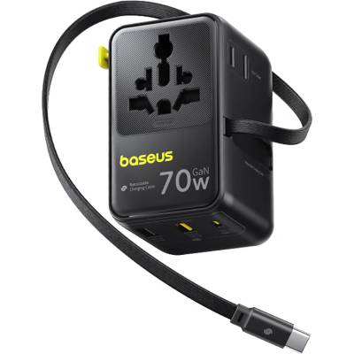 Baseus Адаптер за пътуване Baseus EnerCore CG11 (E0307E00) - с прибиращ се Type-C кабел, GaN6, 2x AC, 2x USB, USB-C, 70W - Черен
