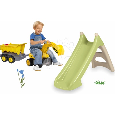 Smoby Set šmykľavka s vodnou hrou a bager s prívesom XS Slide Green Life dĺžka šmyku 90 cm