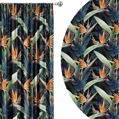 Soovi Home Zatemňovací záves Tropical Night – sýte listy a exotické kvety na čiernom podklade Veľkosť: 140x230 na riasiaci pás