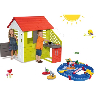 Smoby set domeček Pretty Nature s letní kuchyňkou a vodní dráha AquaPlay s kontejnerovou lodí a 2 loďkami 81072-31