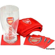 CurePink Sklenice FC Arsenal Wordmark bar set s tácky ručníkem 470 ml