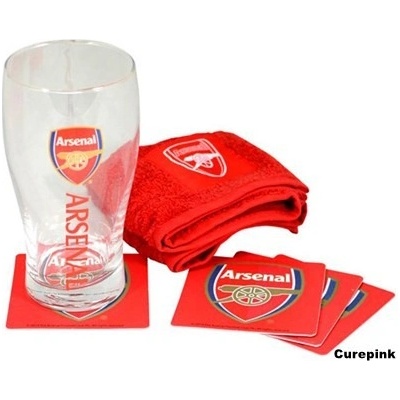 CurePink Sklenice FC Arsenal Wordmark bar set s tácky ručníkem 470 ml