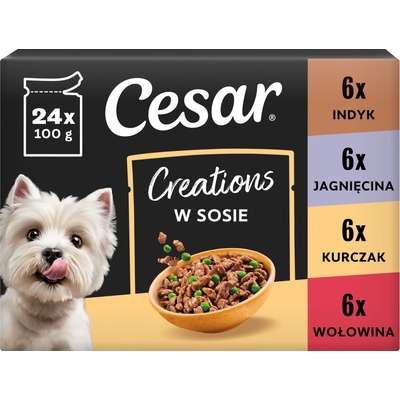 Cesar Creations Hovädzie mäso s mrkvou, Kuracie mäso so zeleným hráškom, Jahňacie mäso so zeleninou a Morčacie mäso s mrkvou v omáčke 24 × 100 g