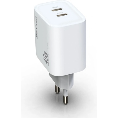 DeTech Мрежово зарядно устройство DeTech DE-PD, 45W, GaN, 2 x Type-C F, Бял - 40340 (40340)