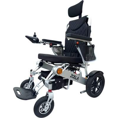 Zoela 9005AR Elektrický skládací vozík s automatickým polohováním zádové opěrky Černé polstorování a stříbrný rám
