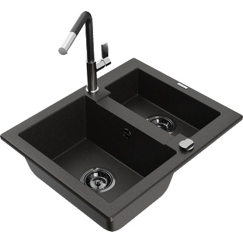 Mexen Carlos гранитна мивка 1, 5-камерна с кухненски смесител Flora, черен/златист металик - 6518-75-670401-07-B (6518-75-670401-07-B)