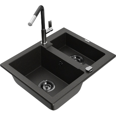 Mexen Carlos гранитна мивка 1, 5-камерна с кухненски смесител Flora, черен/златист металик - 6518-75-670401-07-B (6518-75-670401-07-B)