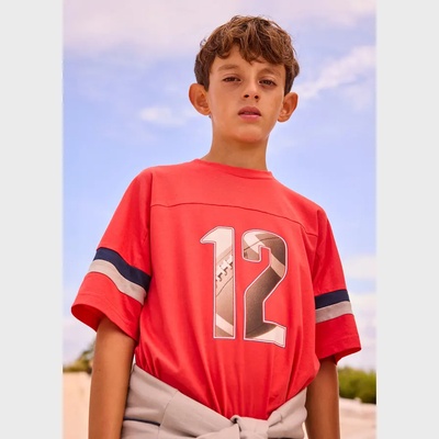 MAYORAL Тениска къс ръкав в доматен цвят с контрастни ивици и цифра 12 за момче Mayoral